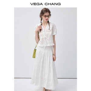 Conjunto de Dos Piezas <span class=keywords><strong>con</strong></span> Bordado Vega Chang, Top de Manga Corta <span class=keywords><strong>con</strong></span> Cuello Peter Pan y Volantes, <span class=keywords><strong>Falda</strong></span> Midi de Cintura Alta, Traje Casual para Mujer - Product Image 2