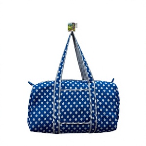 Blue Cotton Duffle Bag With White Pattern Zipper Closure Bohemian Style <b>Travel</b> Weekend <b>Holdall</b> All Seasons Use - Product Image 1