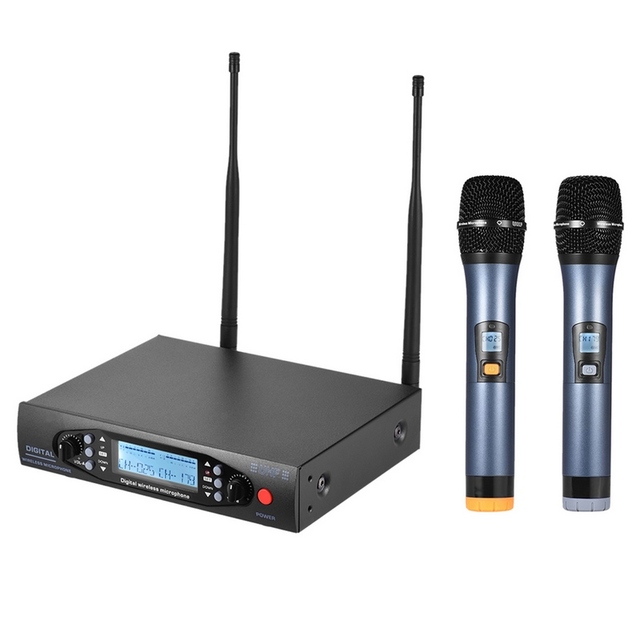 Professional Digital UHF Wireless Handheld Microphone Mic System Dual Channels LCD Display Receiver 2 Microphones for Stage