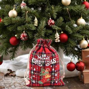 Bolsa de Regalo Navideña de Algodón a Cuadros con Cordón, Bolsa de Embalaje para Regalos de Navidad, Juego de Bolsas de Regalo Navideñas 2025 - Product Image 5