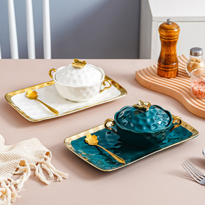 Lot de 3 Nouveaux Bols en Céramique Dorée Style Nordique avec Couvercle – Écologiques et Personnalisables – Vaisselle de Table, Plateau à Dessert et Cuillère - Product Image 1