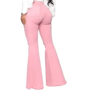Bas cloche en jean extensible pour femme, personnalisé, effiloché, rose, Blush
