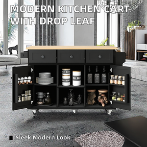 DB Modern Kitchen Cart Rubber Wood Drop-Leaf 3 Drawers 6 Shelves with <b>Wheels</b> Storage <b>Cabinet</b> Island - Product Image 2