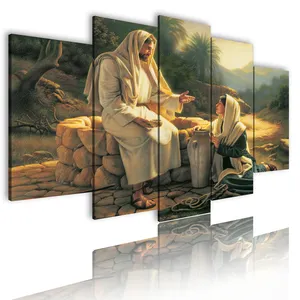 Dropshipping ผ้าใบแคนวาสพิมพ์ลาย5แผง,ภาพวาดพระเยซูศาสนาพิมพ์ภาพตกแต่งบ้านขายส่ง