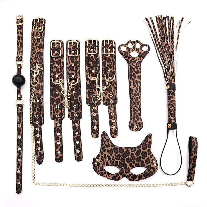 Sex Bondage Kit Leopard Handcuffs Whip Ball Gag Paddle 7PCS Erotic Accessories BDSM Sex Toys for Couple Game