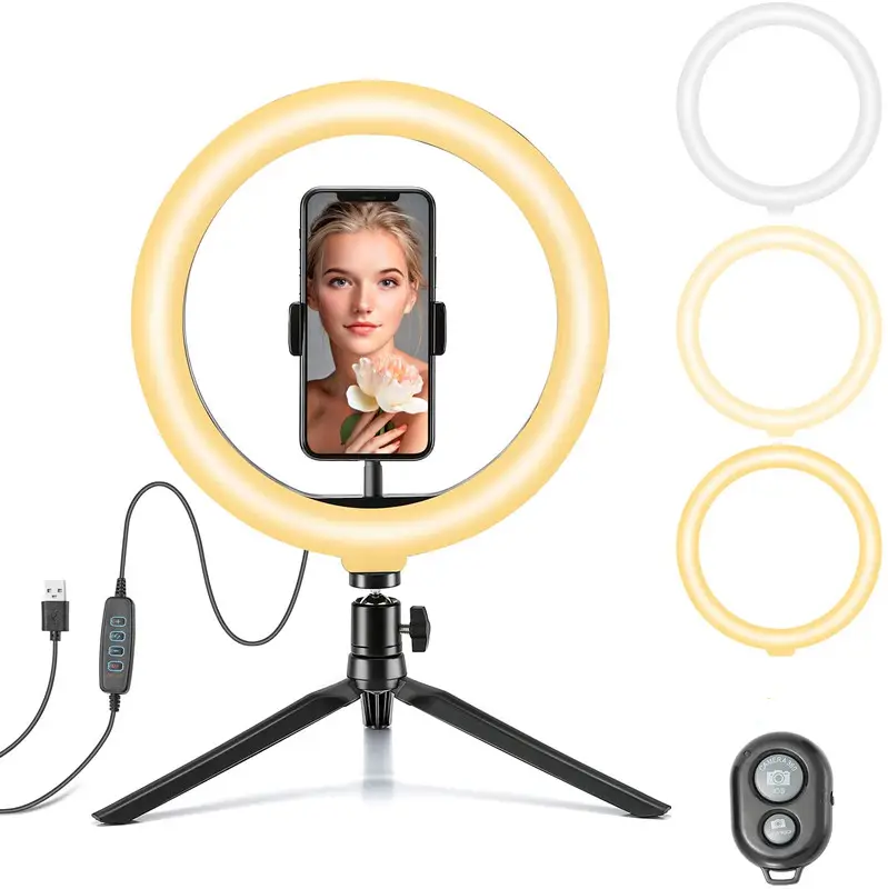 Ring light de led com tripé para selfie, suporte para mesa, anel de alumínio, para youtube ao vivo