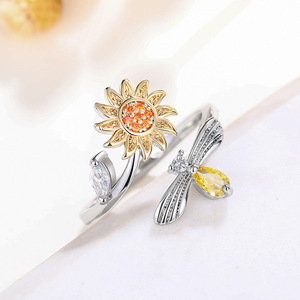 Adjustable <b>Bee</b> Flower Open Ring for Women Trendy Elegant Fashion Finger <b>Jewelry</b> - Product Image 3