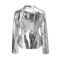 Veste en cuir pour femme 2026 tendance, en cuir de mouton véritable gaufré façon croco, coupe courte sans col, style peplum, ajustée, idéale pour les soirées