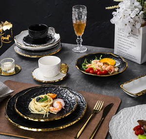 Vajilla de cerámica de lujo con textura martillada, en negro, blanco y dorado, juego de platos, tazones y tazas de porcelana para restaurante, hotel, boda, regalo. - Product Image 4