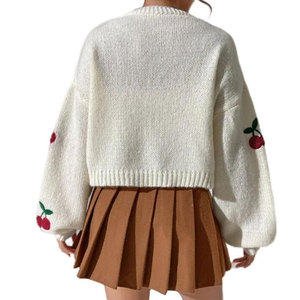 Ladies Casual Short Knit <strong>Tops</strong> Wholesale Wool Cardigan Jacket with <strong>Cherry</strong> Embroidery Short Sweater - Product Image 2