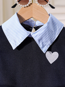 Conjunto Casual Infantil Estilo Europeo de 6 Años, Azul Sólido, Tres Piezas: Camisola, Chaqueta y Pantalones, Estilo Prairie Chic para Uso Diario - Product Image 6