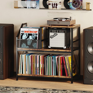Support de tourne-disque tournant <span class=keywords><strong>vintage</strong></span> avec 3 étagères réglables à plusieurs niveaux, support de CD, plateau tournant en bois pour salon - Product Image 2