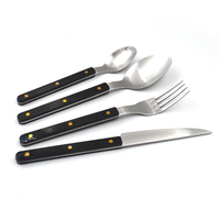 Ensemble de 5 couverts modernes en acier inoxydable noir avec manche en forme de saule, comprenant couteau à steak, fourchette et cuillère, en plastique, pour la vente en gros