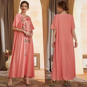 Vintage Maxi Dress Ladies Muslim Fancy Middle East Sweet Plant Fashion Short Sleeve Embroidery Saudi Abaya Women Muslim Dress