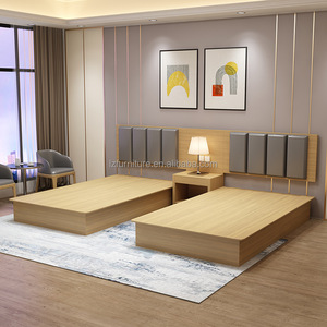 Modern 3 Star Hotel Twin Bedroom Furniture Set with Upholstered <b>Headboards</b> Wooden Platform Bed Frame Integrated And Nightstands - Product Image 3
