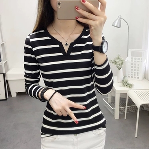 Chemise en coton à manches longues de style décontracté pour femmes Respirante et douce pour la peau Confortable Taille unique convient à tous Rayures <span class=keywords><strong>T</strong></span>-<span class=keywords><strong>shirt</strong></span> - Product Image 1
