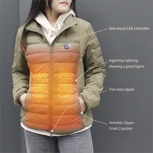 Damen lange Winterwärmedämmende Pufferjacke 5 Heizkissen Kapuzenmantel Stehkragen Tarnungsdruck gestrickt Polyester Pelztrimmel