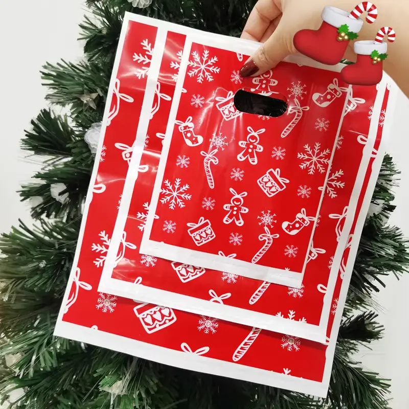 Großhandel benutzer definierte Plastiktüten gestanzte Griff Lebensmittel Business Promotion Weihnachten Santa Einkaufstaschen
