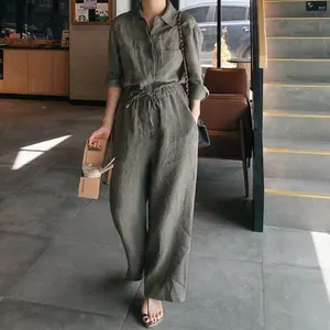 China factory wholesale cotton and linen shirt long-sleeved loose nine-point wide-leg pants jumpsuit women