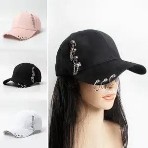 도매 한국 패션 펑크 야구 모자 곡선 챙 리벳 체인 원형 야구 모자