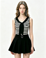 Robe en tricot rayée à col marin pour femme, robe mini sans manches de style preppy