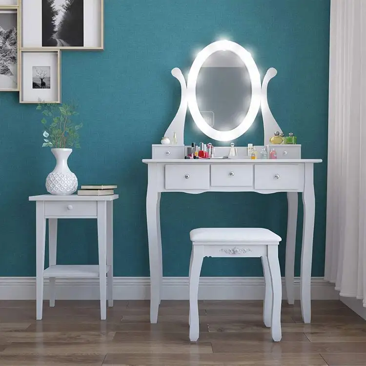 Coiffeuse en bois de haute qualité 5 tiroirs table de maquillage avec miroir éclairé