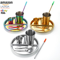 Ensemble de vaisselle moderne et minimaliste en acier inoxydable 304 pour enfants, avec assiette à trois compartiments, tasse et plat à condiments, idéal pour l'extérieur