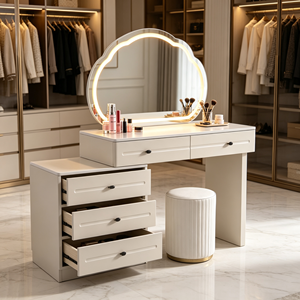 Full Cream <b>Vanity</b> Set Irregular Cloud LED Mirror Chest Hidden Handle Vertical Fluted Gold Base Stool Walk-in Closet Makeup Desk - Product Image 5