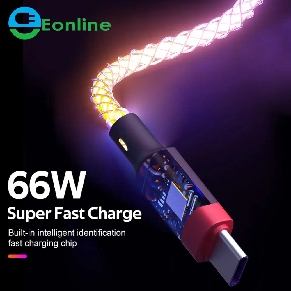 EONLINE Kabel USB Tipe C LED 6A, Pengisian Daya Cepat USB Mikro USB untuk Ponsel Huawei Android, Xiaomi Samsung Oppo Vivo