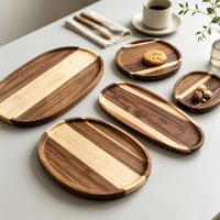 Ensemble de 5 Petites Plaques et Plateaux de Service en Bois d'Acacia, Assiettes Ovales Irrégulières en Bois Massif, Plateau de Service