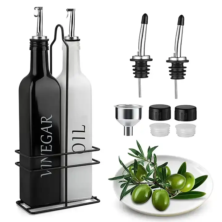 Venda quente 2 Pack 500ml Cozinha Moderna Use Black White Glass Azeite e Vinagre Dispenser Garrafa com suporte Rack