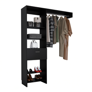 Manchester 150 Closet System Black Metal Rod Five <b>Open</b> Shelves One Drawer Wardrobe <b>Storage</b> Bedroom Furniture - Product Image 1