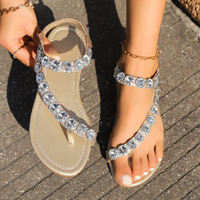 Sandales plates pour femmes avec strass, bride élastique à la cheville, bout ouvert, pour l'été et la plage, décontractées, personnalisables