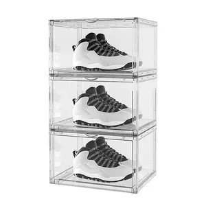 Şeffaf mıknatıs plastik ayakkabı kutuları damla ön ayakkabı saklama kutusu akrilik özel şeffaf ekran ayakkabı kutuları istiflenebilir organizatör