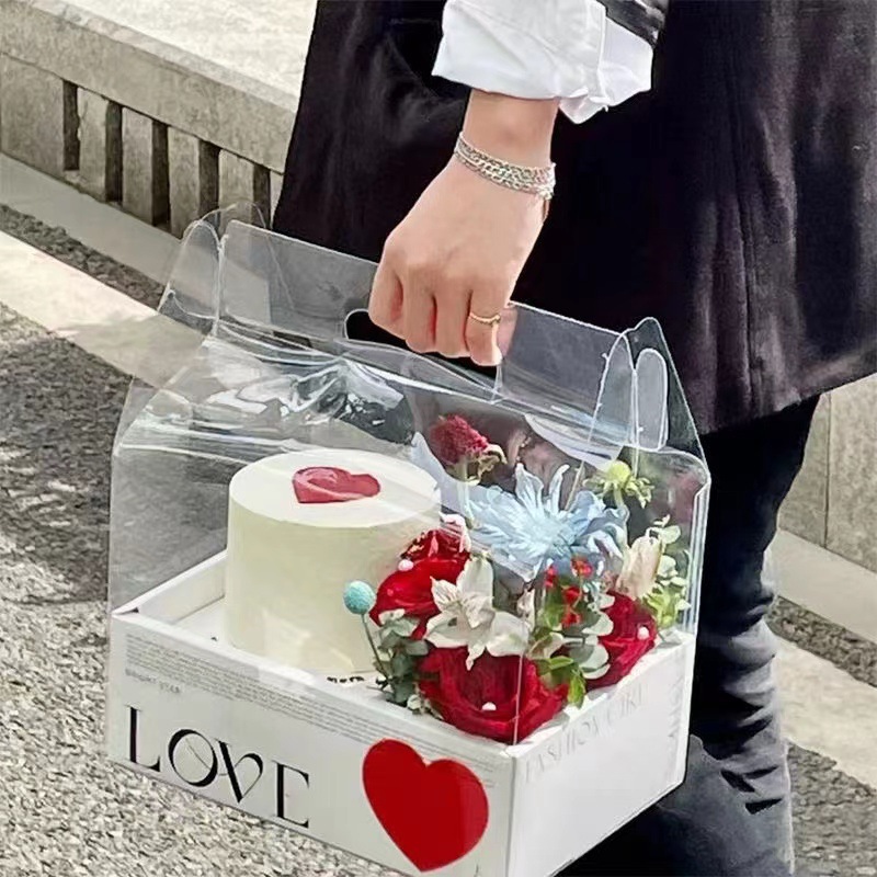 Exquisite Flower Cake Box Floding Transparent Christmas Anniversary Empty Gift Dessert Paper Packaging Box With Handle