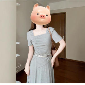 Vestido Largo Estilo Francés Color Gris Claro para Mujer, Cuello Cuadrado, Color Sólido, Uso Diario Informal, Transpirable, Cintura Natural, Poliéster - Product Image 4