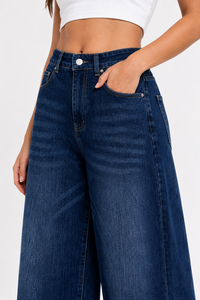 Jeans da Donna a Vita Alta, Gamba Larga, Denim Scuro, Vestibilità Comoda, Lunghezza Intera, Stile Casual - Product Image 4