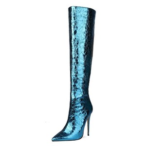 Bottes à bout pointu métalliques brillantes pour femmes fermeture à glissière à hauteur du genou pour l'automne hiver printemps saisons - Product Image 2