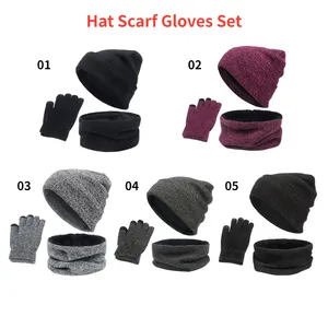 Wholesale Women Men Fleece Lined Knitted Beanie Neck Warmer Touchscreen Gloves Set Outdoor Ski Wool Winter Hat Scarf Gloves Set