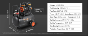 Compresor de Aire de 120V, 4.8 Galones, Sin Aceite, Portátil, Industrial, 900W, 2.2 CFM, 90PSI - Product Image 6
