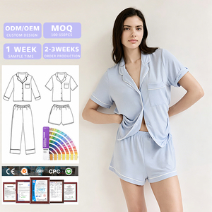 Wholesale <b>Summer</b> Woven Soft Women's Bamboo Cotton Short Sleeve Pajamas Sleepwear Customized Color & Logo - Product Image 1