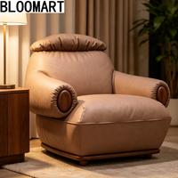 Fauteuil d'appoint moderne en cuir véritable avec accoudoirs en bois ciré blanc ton noyer