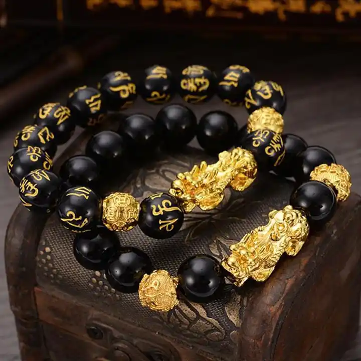 Buy 9Dzine® Black Onyx Pixiu Dragon Bracelet (10mm) | Feng Shui Black  Obsidian Bracelet with Golden Pixiu/Pi Yao Charm | Om Mani Bracelet Wealth  Good Luck | Reiki Healing Crystal Bracelet for
