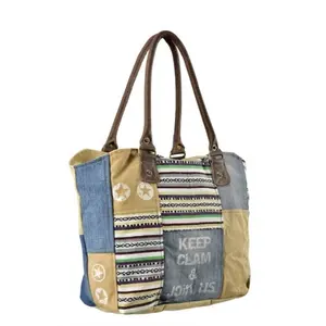 Vintage Canvas Shopper กระเป๋าชายหาดสุภาพสตรีชุดราตรีผ้าฝ้ายกระเป๋าถือ Handmade Tote กระเป๋า