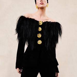 AIMEISI Nouvelle personnalité Street Style élégant une épaule <span class=keywords><strong>plume</strong></span> bouton irrégulier luxe <span class=keywords><strong>Blazer</strong></span> veste Blazers pour les femmes - Product Image 1