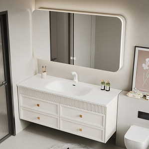 French-style Cream-Toned Ceramic One-Piece Basin with Smart Lighting <b>Mirror</b> <b>Wall</b>-Mounted Bathroom Vanity - Product Image 5