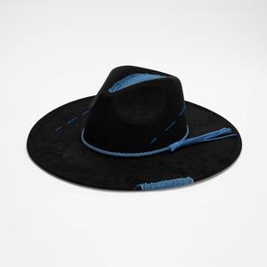 Chapeau de cowboy occidental en daim noir à large bord, tendance 2025, pour hommes et femmes, avec patch en jean, couture bleue et bande à <span class=keywords><strong>pompon</strong></span>, pour le quotidien, les activités de plein air et les fêtes - Product Image 4