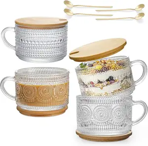 4 pièces ensemble mignon 14oz tasses en verre gaufré clair tasses à café glacé vintage conteneurs d'avoine de nuit avec couvercles et cuillères en bambou
