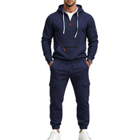 Ensemble de survêtement streetwear bleu marine à capuche pour homme, léger, manches longues, uni, décontracté, en coton, pour l'hiver, personnalisable