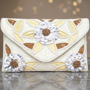Elegante Bolso de Mano de Seda con Cuentas, Hecho a Mano, con Adorno Floral, Diseño Rectangular, Cierre de Solapa, Tipo Sobre, para Eventos Nocturnos - Product Image 4